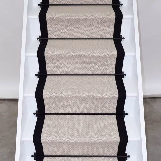 RainbowHome Savoy Herringbone Wool Stair Runner with Black Cotton Border in Beige, W: 70 cm, L: 700 cm – 1