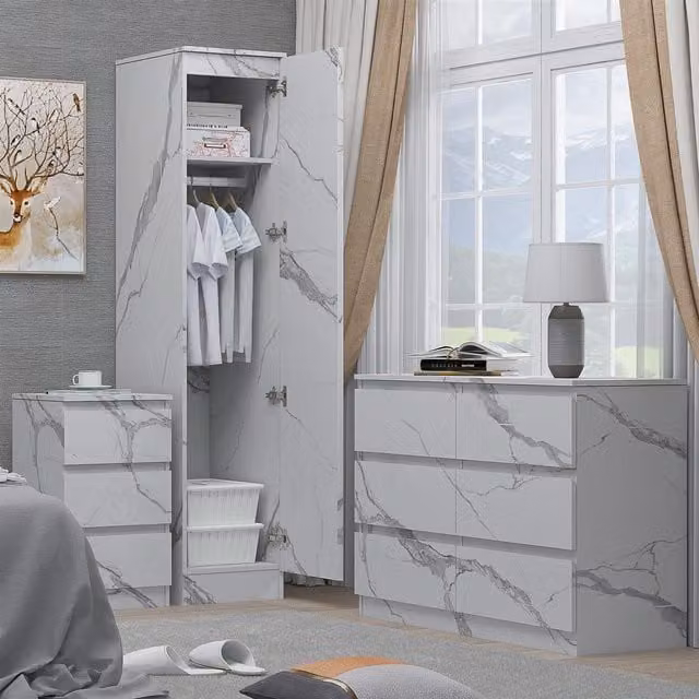 ZITA 3 Piece Bedroom Furniture Set in Grey and White Marble Effect featuring 1 Door Wardrobe, 6 Drawer Wide Chest and 3 Drawer Bedside Tables