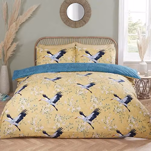 Rapport Home Crane Birds Reversible Microfibre Duvet Cover and Pillowcase Set in Orange and Yellow, W/D/H: 135 x 200 cm and 50 x 75 cm