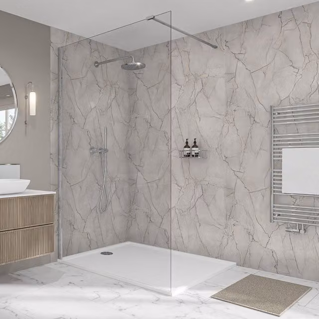 Wetwall Elite Double Post Formed Marmo Puro Shower Panel in Light Grey Stone Look