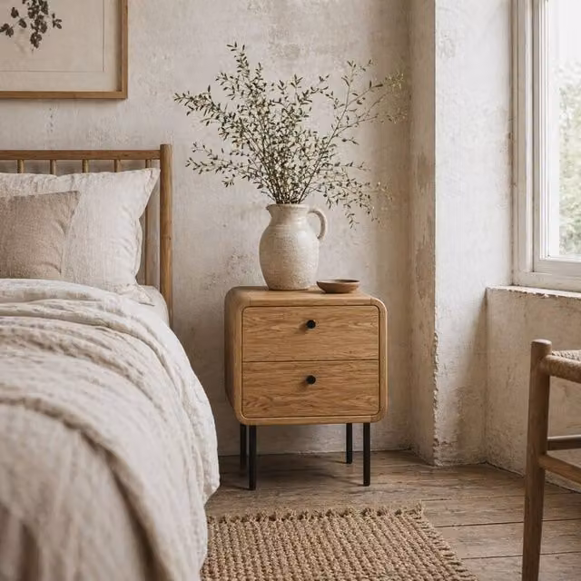 Wyld Haus Modern Bedside Table with 2 Drawers in Light Oak and Black Metal – 1
