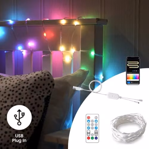ValueLights Smart RGBIC LED Fairy String Lights, Multicolour, IP65 Waterproof, WiFi with App Control, Alexa and Google Assistant Compatibility, Music Sync and Timer – 2