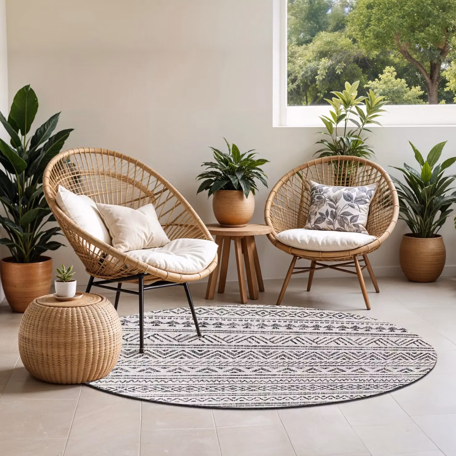 Livabliss Eagean Geometric Round In- & Outdoor Rug in Black, Grey and White, Diameter: 160 cm – 6
