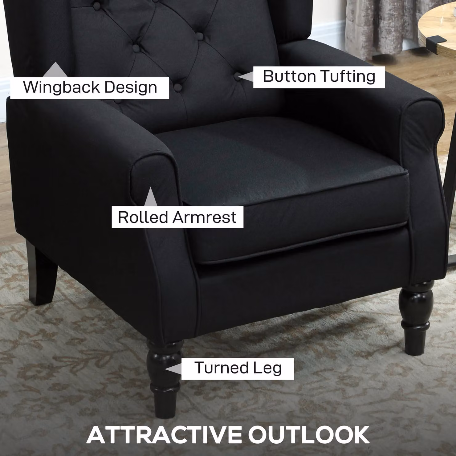 HOMCOM Retro Tufted Wingback Accent Chair in Black Fabric with Solid Wood Frame – 3