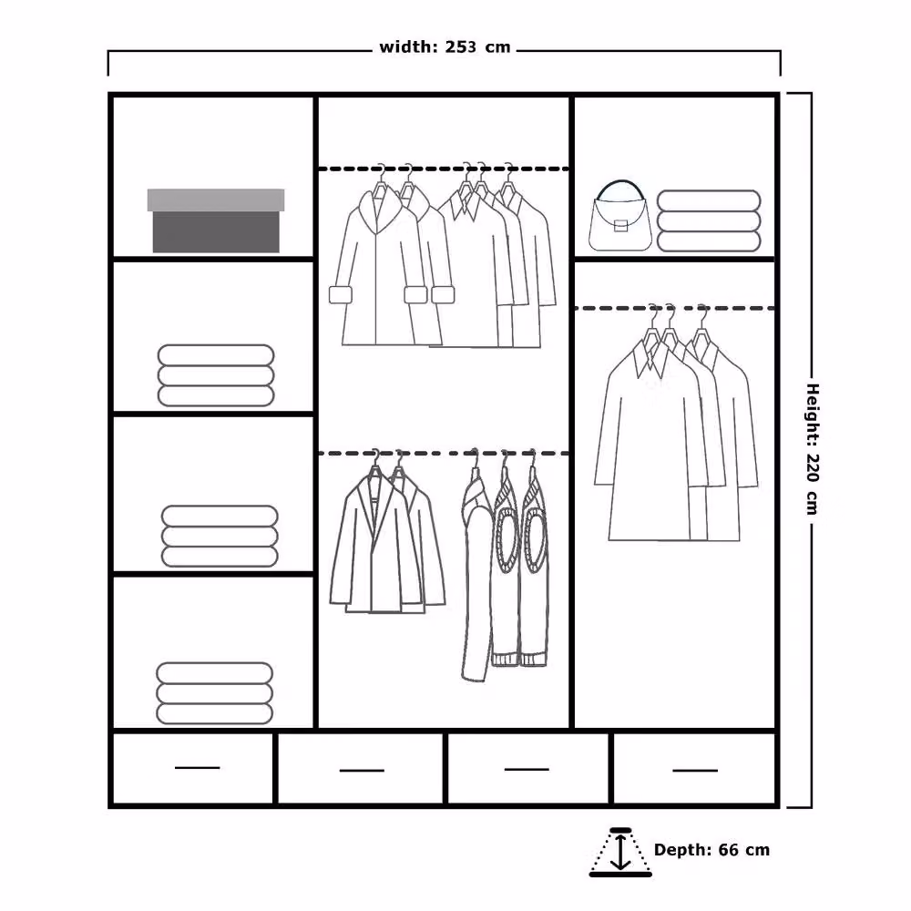 MN Furniture Modern High Gloss Sliding Mirror Wardrobe with LED Lighting in White and Gold, W/H: 253 x 220 cm – 2