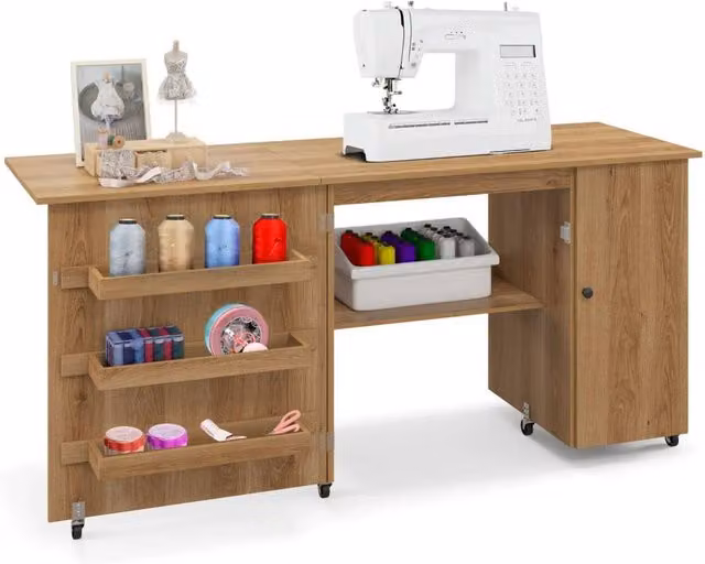 Costway Large Foldable Sewing and Craft Table with Drop Leaf and Lockable Casters in Natural Brown – 1