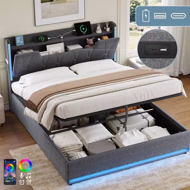 BTM King Size Hydraulic Storage Bed in Grey with X-Shape LED Lighting and USB Charging Ports, W/D/H: 180 x 200 cm – 1