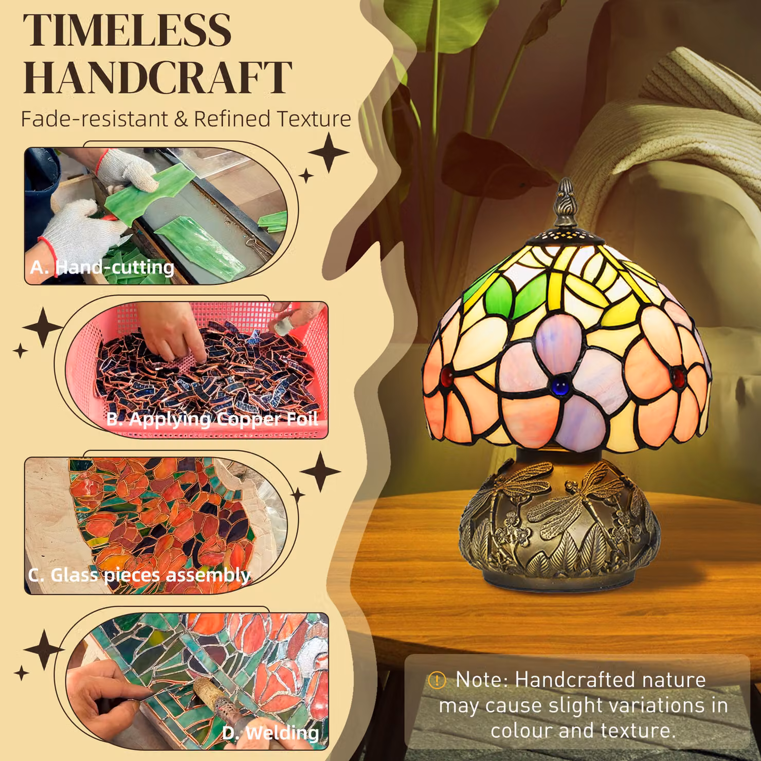 HOMCOM Tiffany-Style Table Lamp with Sculpted Dragonfly Base, Handcrafted Antique Stained Glass Bedside Lamp for Living Room and Bedroom, E27 Socket, Pink and Multicolour – 5