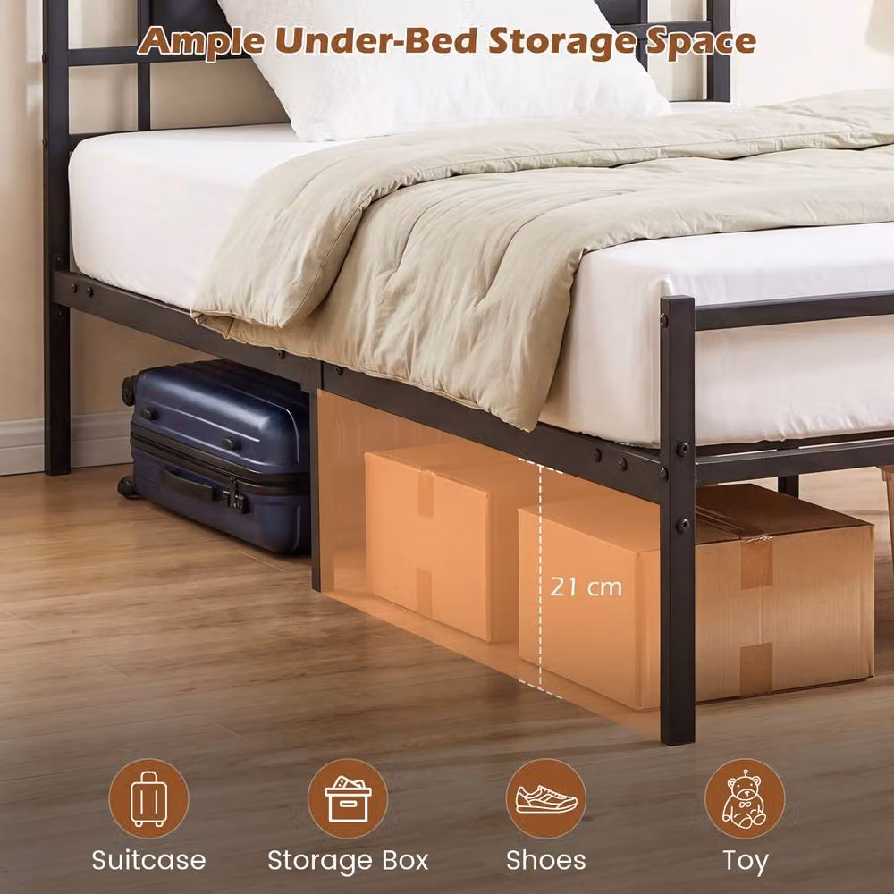 Gymax Single Bed Frame with Upholstered Headboard and Metal Slats, Black, 90 x 200 cm – 5