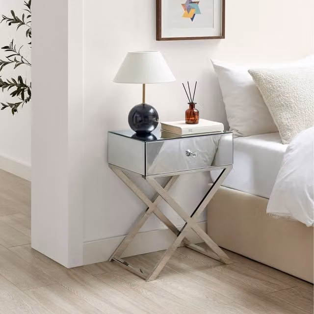FurnitureboxUK Celeste Single Drawer Mirrored Bedside Table with Silver Chrome Cross Legs in Grey and Silver – 1