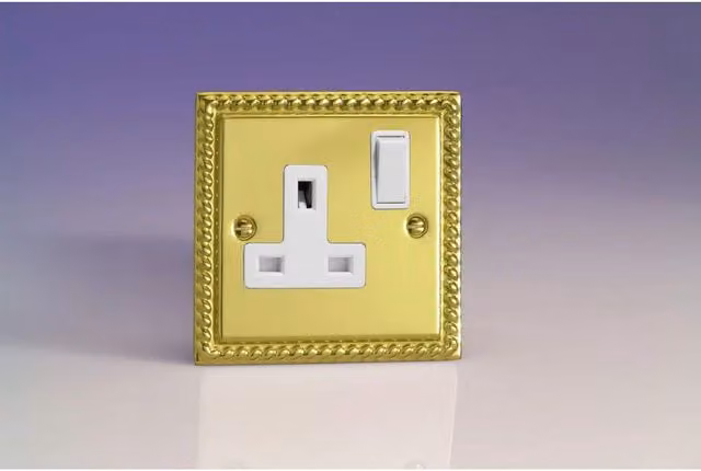 Varilight XG4W 1-Gang Georgian Brass Switched Socket, White and Yellow