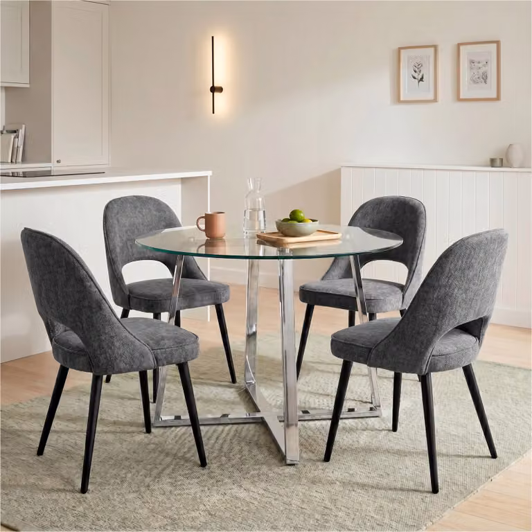 DHS Modern Round Glass Dining Table Set with 4 Grey Upholstered Chairs, Diameter: 110 cm
