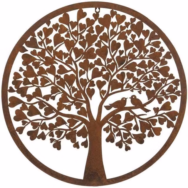 F&G Supplies Rustic Metal Garden Wall Art Plaque with Heart Leaf Tree and Love Birds, Brown, Diameter: 60 cm – 1