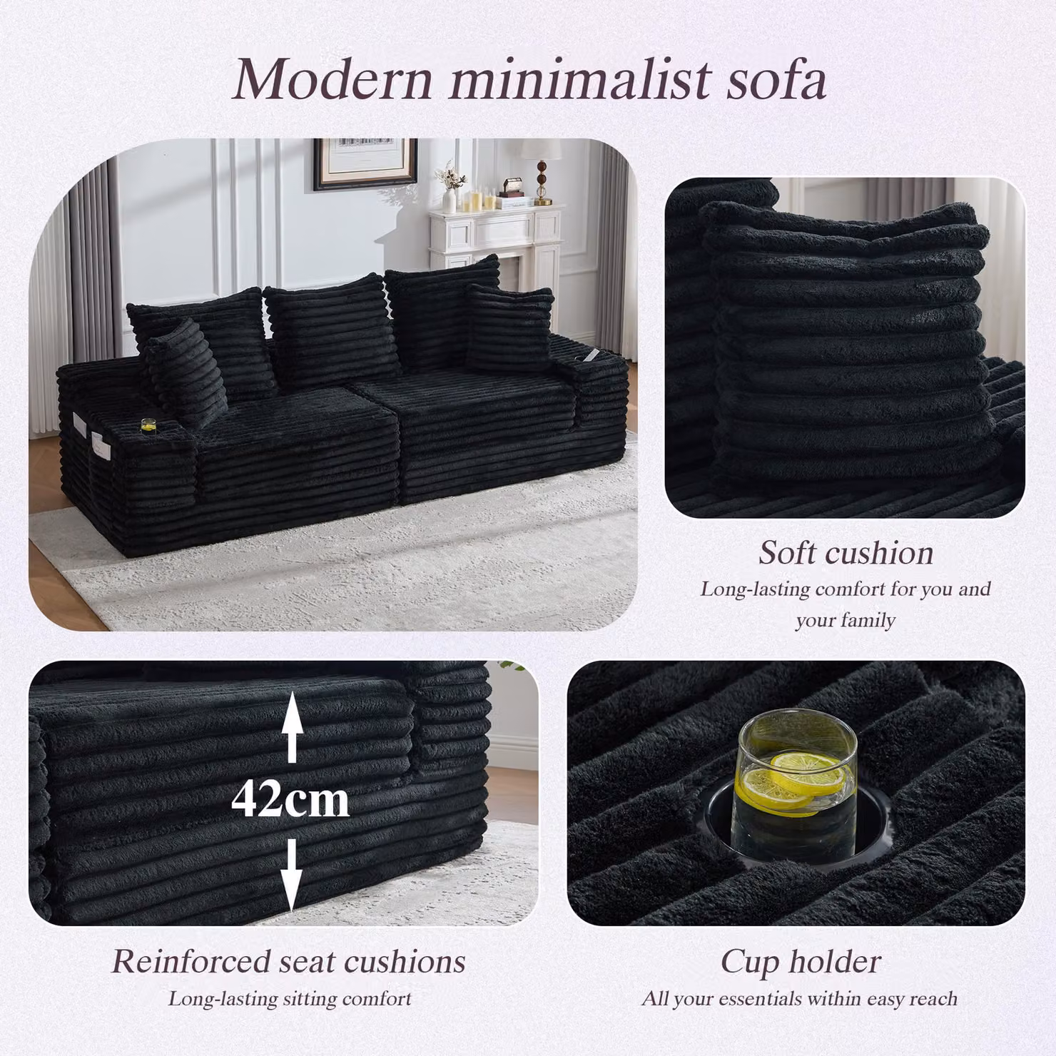 Aosom UK Black Ribbed Corduroy Convertible Sofa Bed with High Backrest, Extra Pillow and Dual Side Pockets, W/D/H: 107.5 x 38.5 x 34 cm – 5
