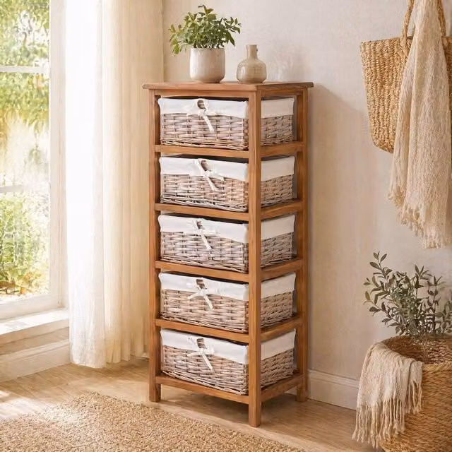STILVORA 5 Drawer Chest of Drawers with Wicker Baskets in Natural and Beige