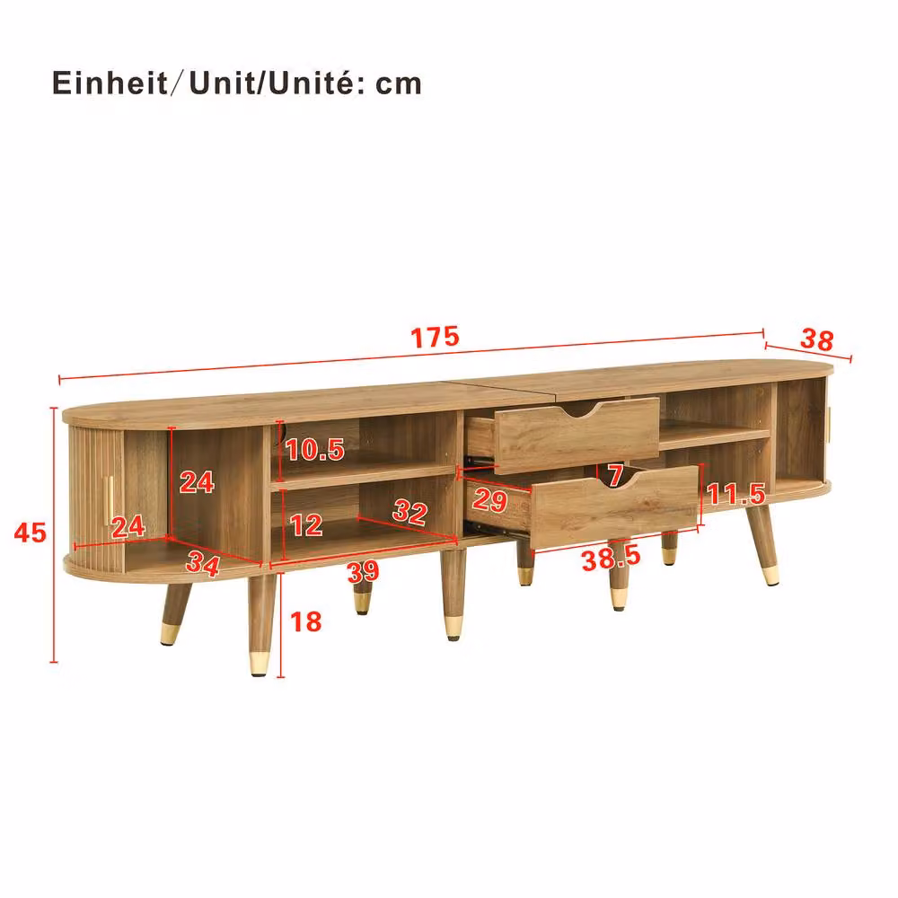 Merax Fluted Oval TV Unit in Beige Oak with Sliding Doors and Drawers, W: 175 cm, D: 38 cm, H: 45 cm – 2