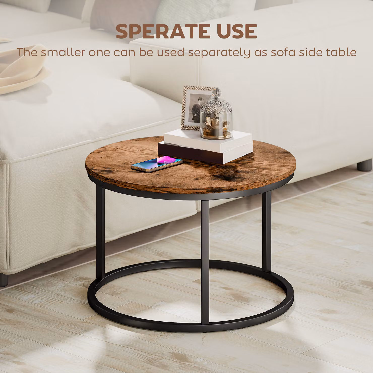 HOMCOM Set of 2 Round Nest of Tables with Metal Frame in Rustic Brown – 4