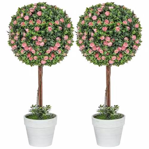 HOMCOM Set of 2 Pink Artificial Rose Ball Topiary Trees, Height: 60 cm – 1