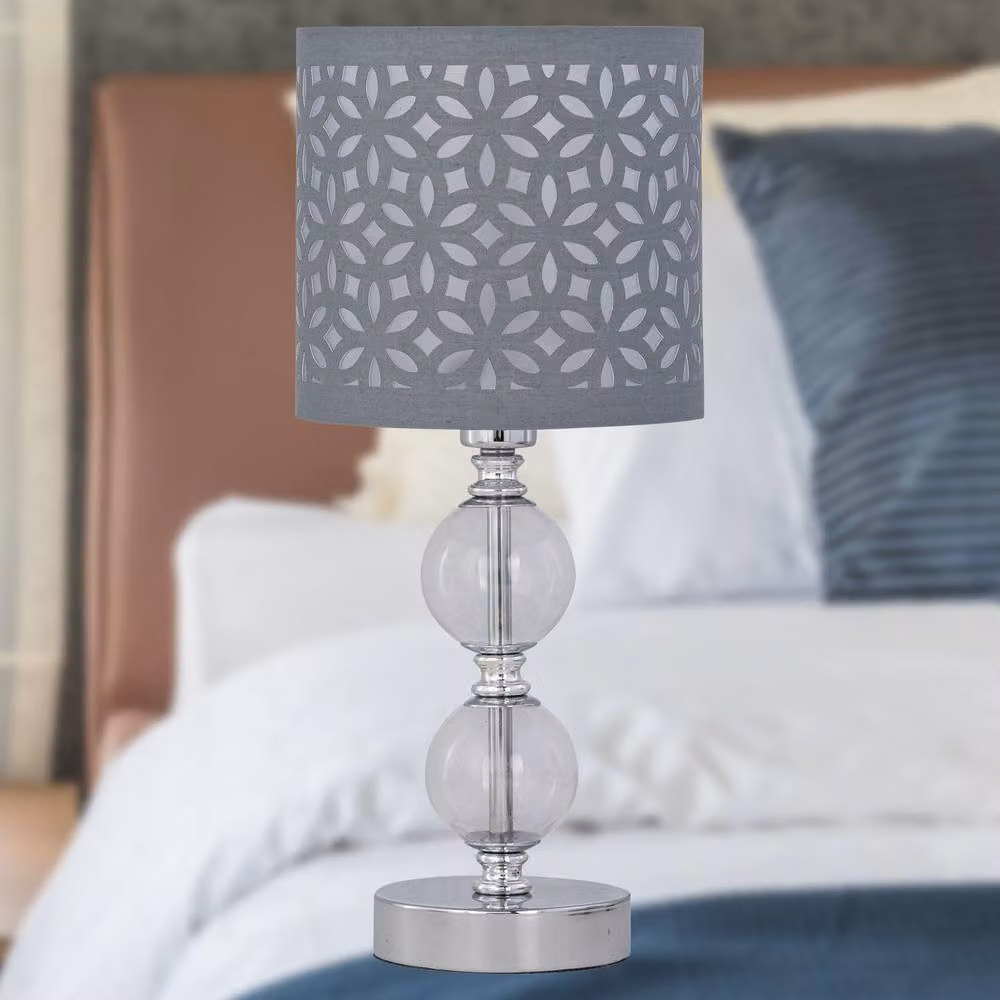 First Choice Lighting Chrome Two Ball Table Lamp with Grey Cut Out Shade in Silver – 4