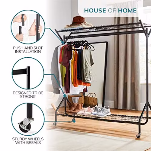 House of Home Black Metal Clothes Rail with Industrial Design and Matt Finish, W: 120 cm, H: 152.4 cm – 3