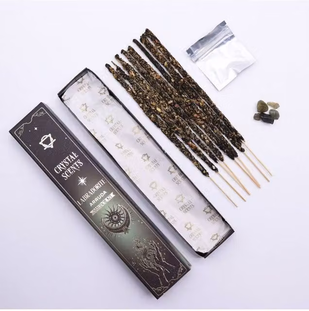 KDMD Labradorite Crystal Smudge Incense with Herbal Arruda, 10 Brown and Green Sticks