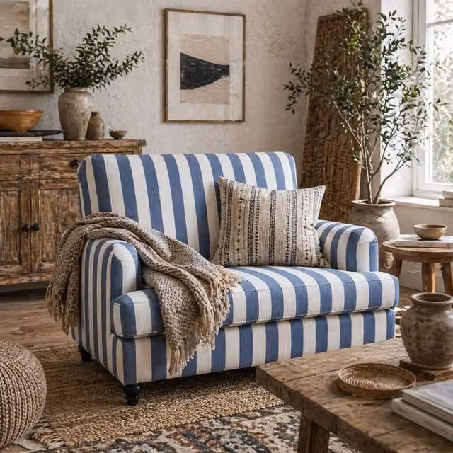 Wyld Haus Yosefi Blue and White Striped Velvet Cuddle Chair with Armrests