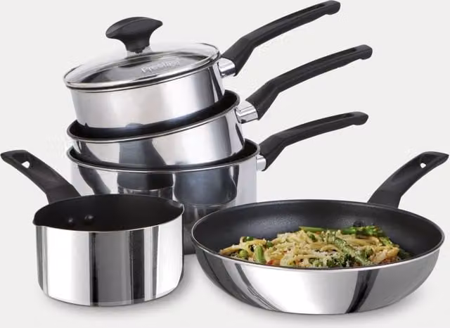 Prestige 5 Piece Non-Stick Stainless Steel Pan Set with Glass Lids in Silver