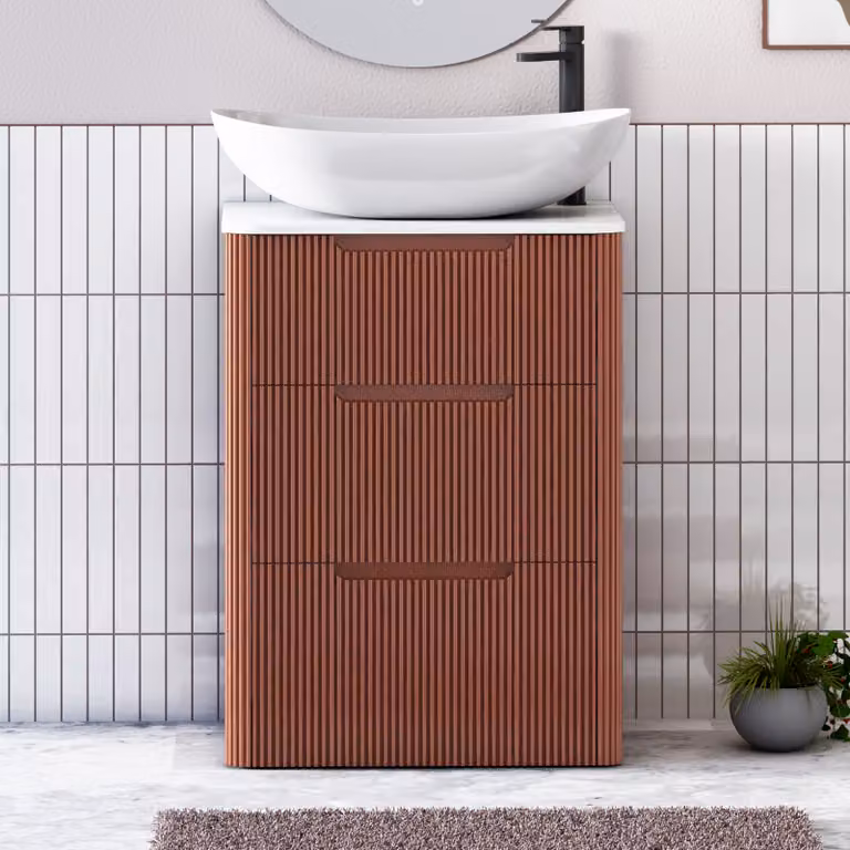 Royal Bathrooms Avenza 600mm Terracotta Clay Floor Standing 3 Drawer Vanity Unit with Plain White Worktop and Cesar Basin