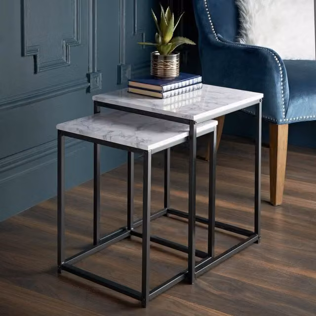 Spot On Dealz Square Nest of Tables in White Stone Effect with Glossy MDF and Metal Finish