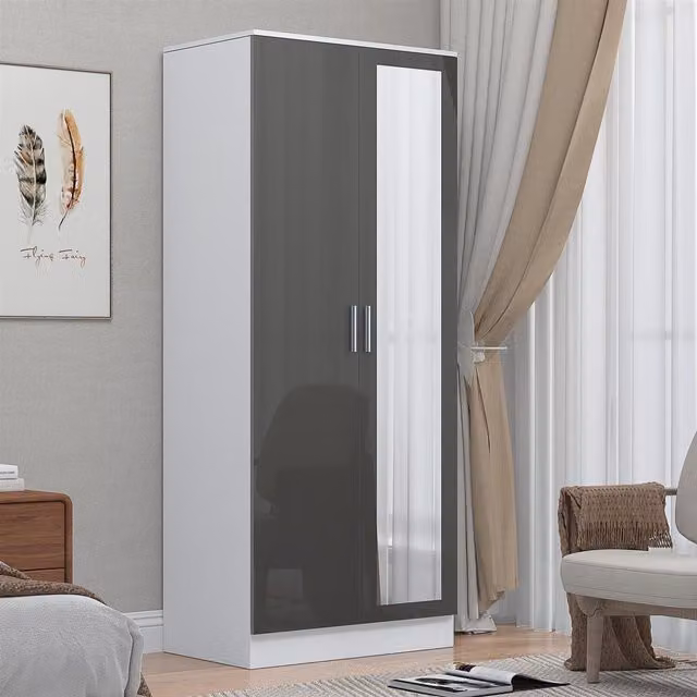 Reflect 2 Door Mirrored Wardrobe in Grey Gloss and Matt White, H 180 cm x W 76 cm x D 47 cm – 1
