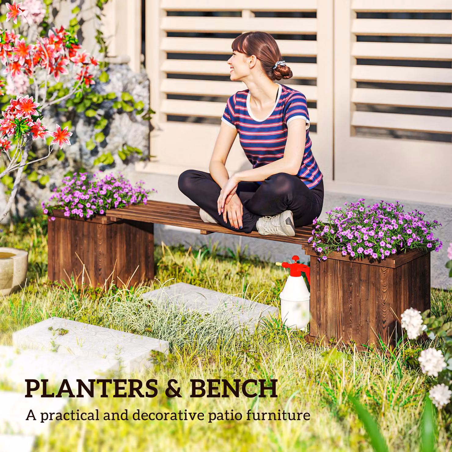 Outsunny Wooden Garden Planter and Bench Combination in Rustic Brown Carbonised Finish, W/D/H: 176 x 38 x 40 cm – 4