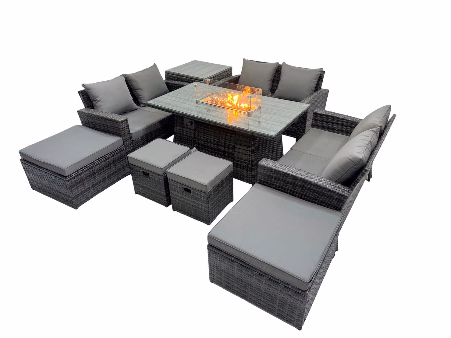 Fimous Outdoor Love Sofa Set with Gas Firepit Dining Table, 4 Footstools and Side Table in Dark Grey – 2