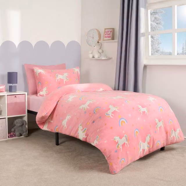 OHS Unicorn Plush Fleece Single Duvet Cover and Pillowcase Set, Pink and Multicolour