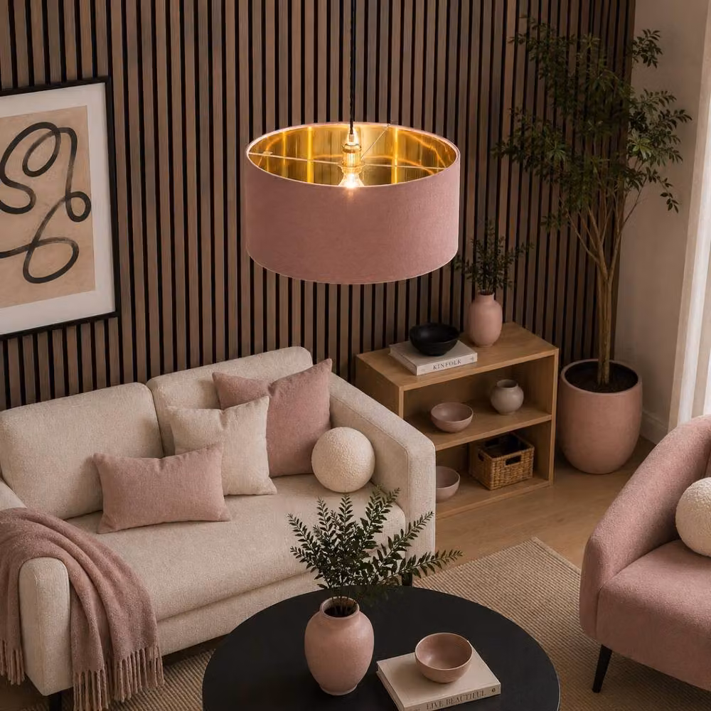 CGC Lighting Milano Oversized Large Cylinder Velvet Fabric Lamp Shade in Mauve and Gold – 3