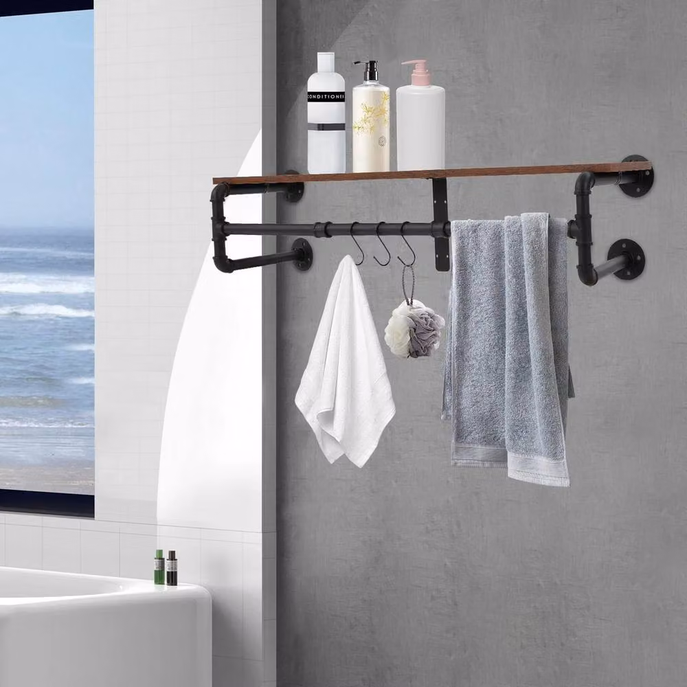 Ventryn Black Industrial Iron and Wood Wall Mount Coat Rack with Shelf, Width: 104 cm – 3