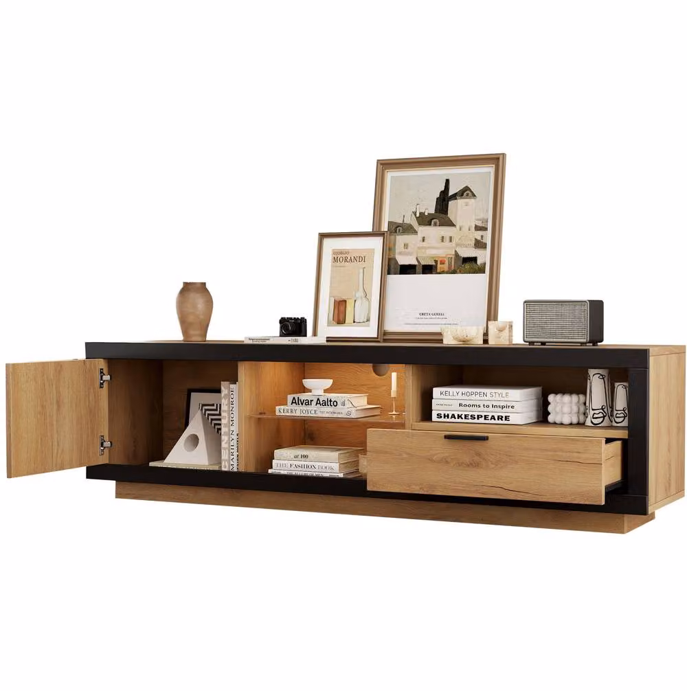 STILVORA Modern TV Stand with Drawer, Cabinet and LED Lights in Brown, W/D/H: 160 x 40 x 50 cm – 5