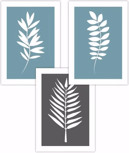 ARTZE Set of 3 Blue, Grey and White Botanical Leaf Graphic Paper Posters, W: 42 cm, H: 59 cm
