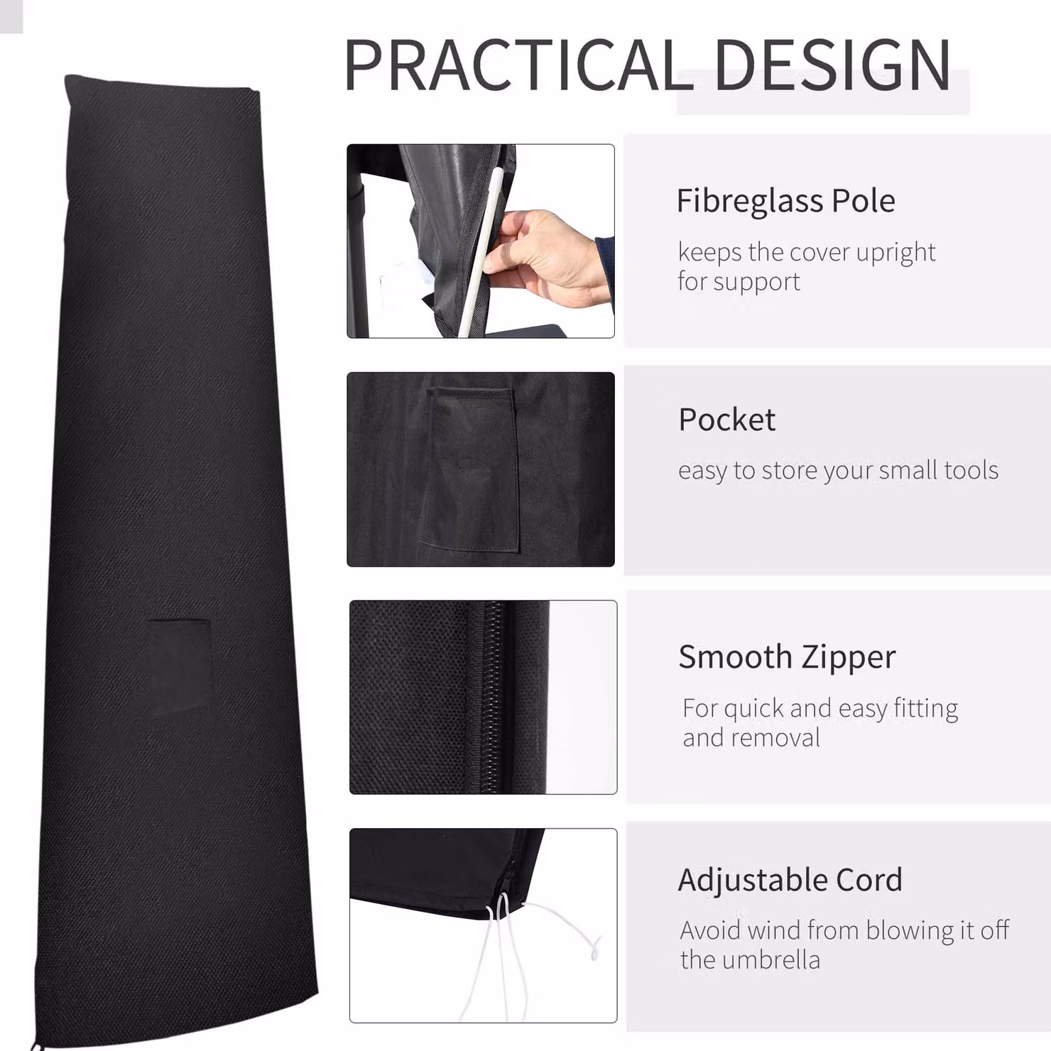 Outsunny Black Waterproof Garden Parasol Cover for Cantilever and Banana Umbrellas, 300D Oxford Fabric, W/D/H: 200 x 50 x 80 cm – 5