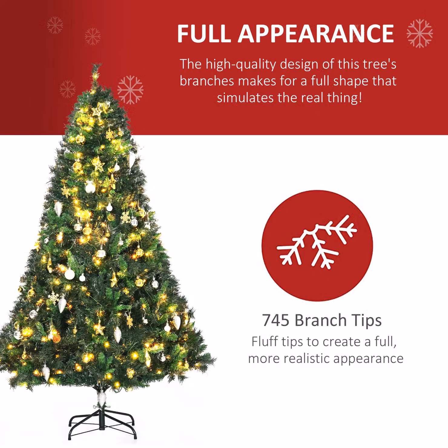 HOMCOM Pre-Lit Artificial Christmas Tree with 200 Warm White LEDs and Decorative Balls in Green with Metal Stand – 3