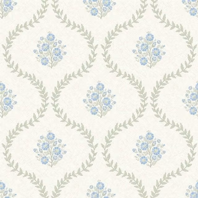 I Love Wallpaper Posy Trellis Botanical Wallpaper in Blue and Sage on Cream