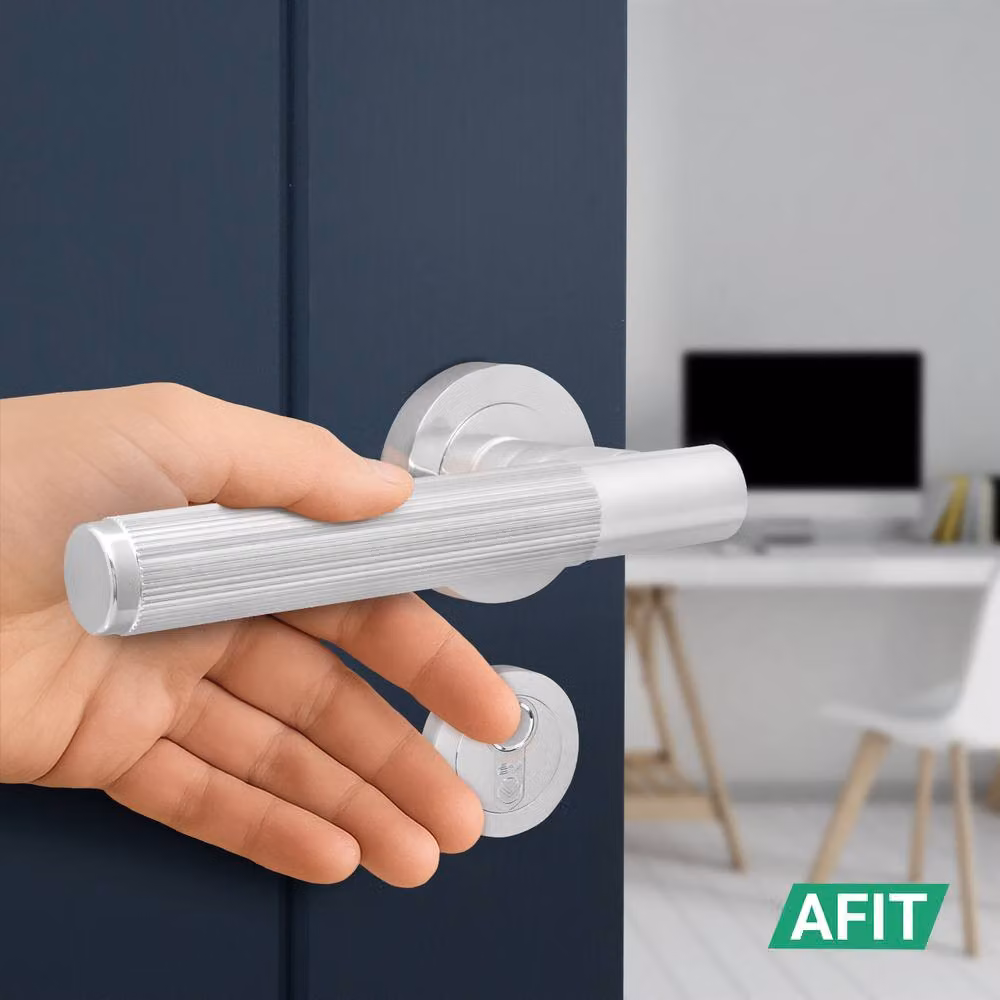 AFIT Polished Chrome Bathroom Door Handle Set with Lock and Hinges in Silver – 4