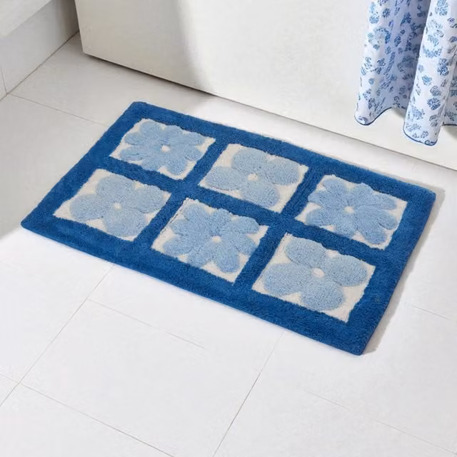 Showerdrape Fiore Blue Floral 100% Cotton Anti-Slip Bath Mat W: 80 cm, D: 50 cm – 1