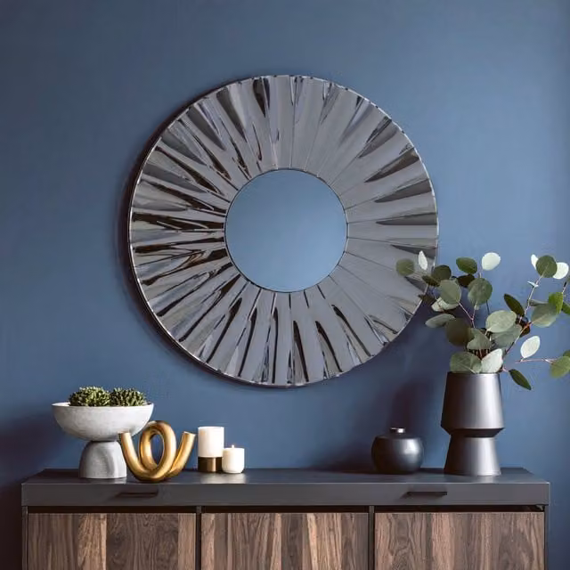 Orsina Contemporary Round Silver and Grey Wall Mirror with Floral Wood and Glass Design