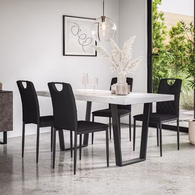 More4Homes Aria Dining Set with Marble Effect Table and 6 Black Monza Faux Leather Chairs