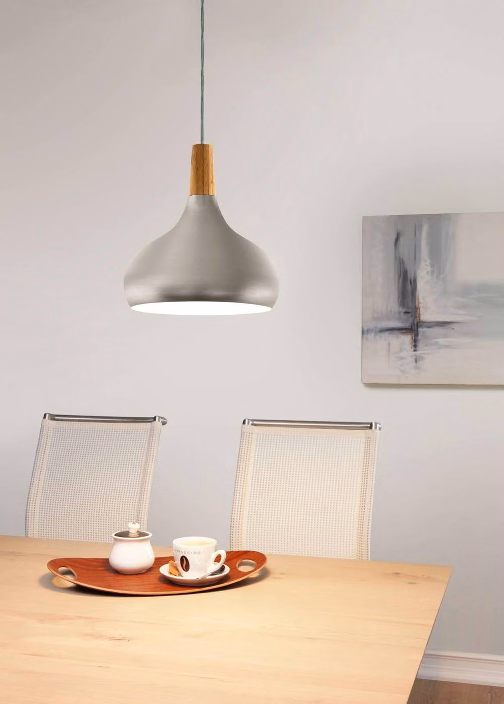 Eglo Sabinar Silver and Brown Metal and Wood Suspended Dome Pendant Light, Diameter: 28 cm – 2