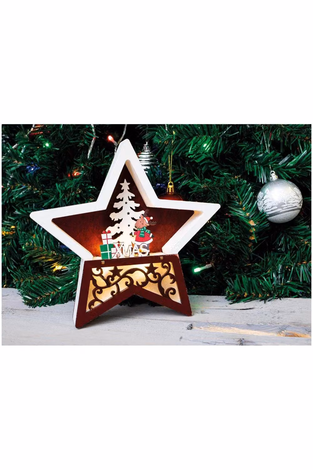Netagon Battery Powered White Wooden Light Up Christmas Star Tabletop Decoration – 3