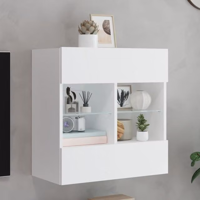 Berkfield Home Modern White Wall Mounted TV Cabinet with LED Lighting and Glass Doors, W: 58.5 cm, D: 30.0 cm, H: 60.5 cm – 1