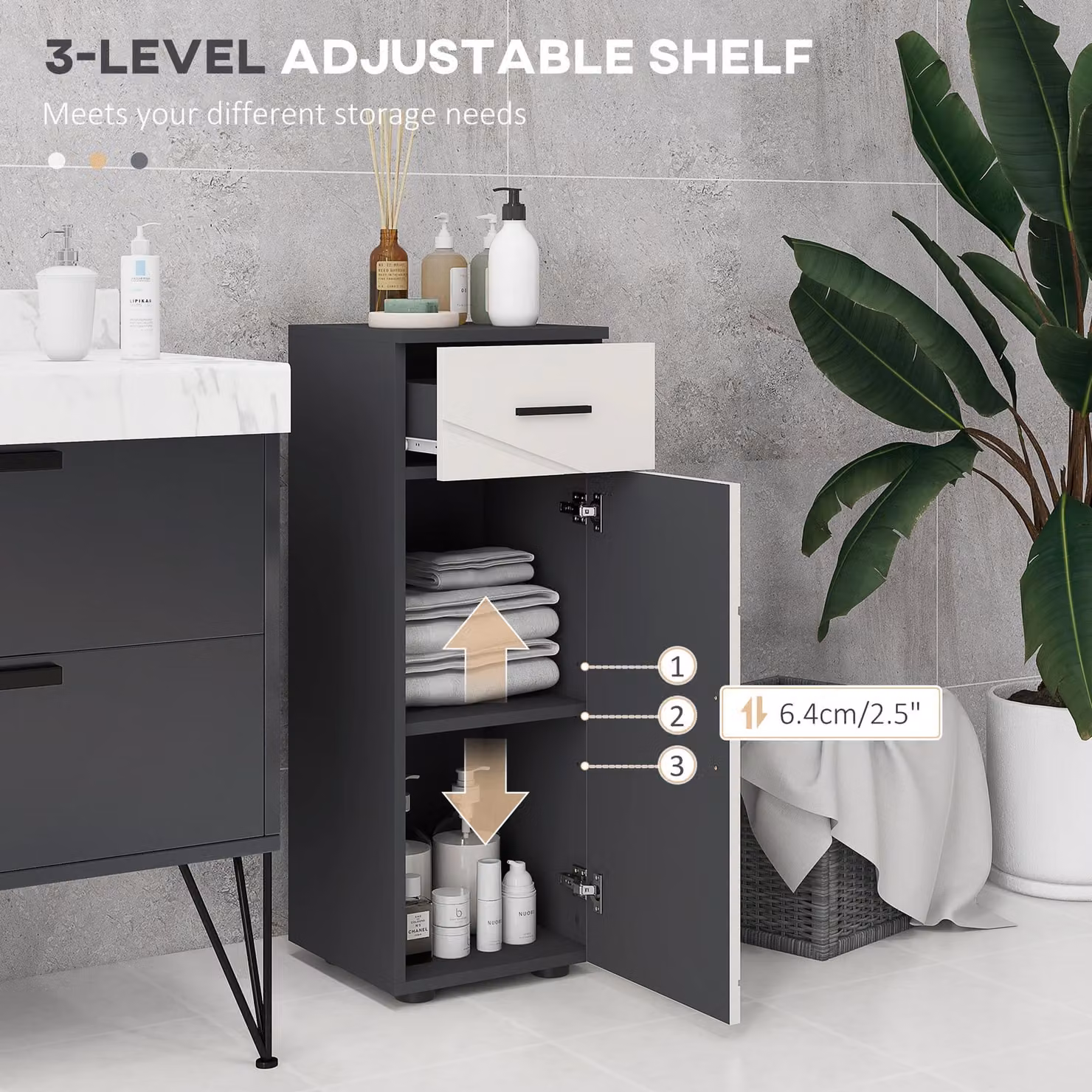 Kleankin Freestanding Modern Bathroom Storage Cabinet in Matt Grey with Soft-Close Hinged Doors and Internal Drawers – 5