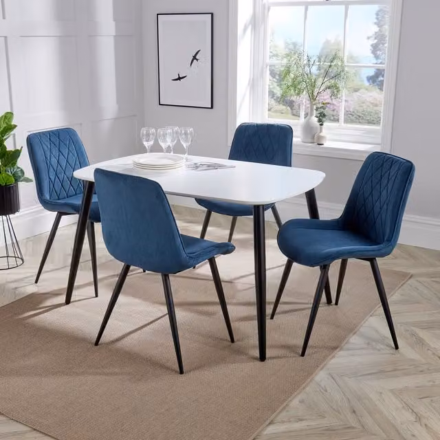Core Products Ltd Aspen White Rectangular Lacquered Dining Table and 4 Blue Diamond Stitch Fabric Chair Set, W: 120 cm, D: 80 cm, H: 75 cm