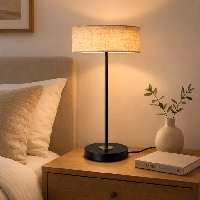 Kairui Lighting Modern LED Table Lamp with Beige Linen Shade, Black, Height: 46 cm